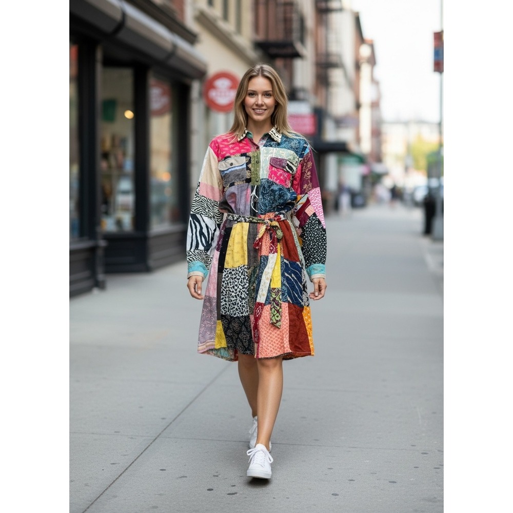 Ashley Taylor Womens Patchwork Shirt Dress Cotton Multi Color Long Sleeve OS